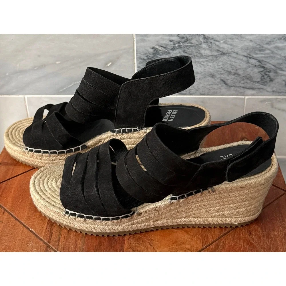 Eileen Fisher Largo Espadrille Black Wedge Sandals Multi Strap Platform Size 9.5